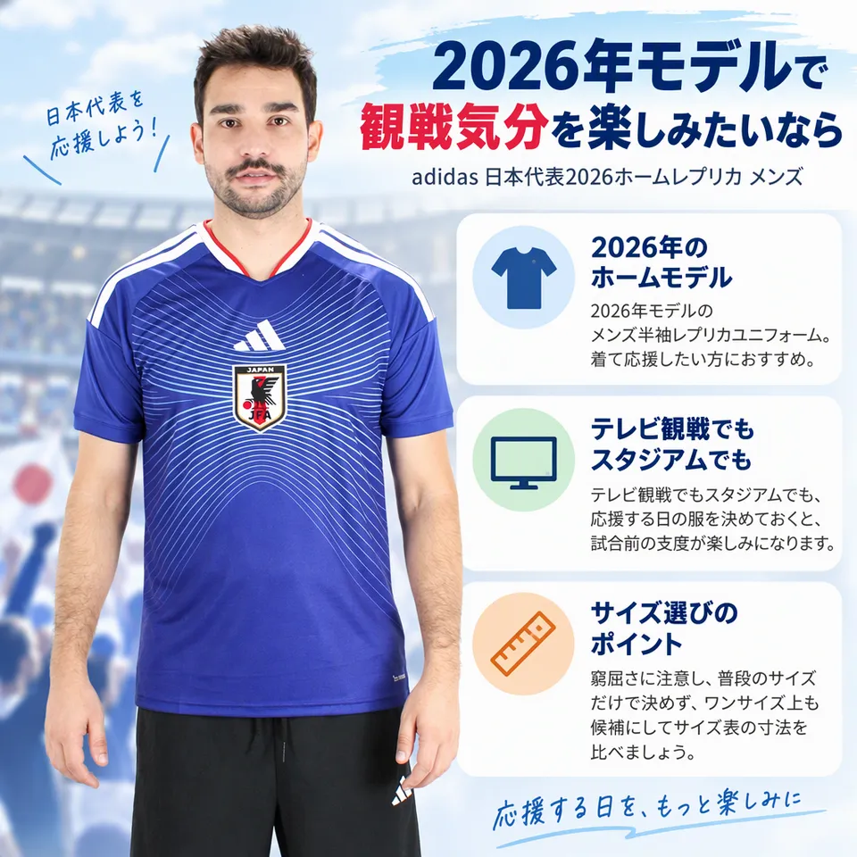 adidas 日本代表2026ホームレプリカ メンズの要点：ホームレプリカ・メンズの半袖・観戦用の候補