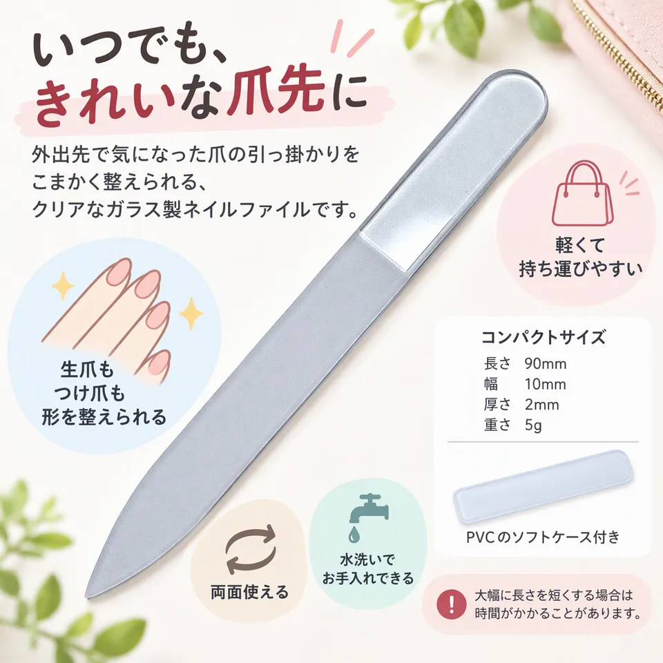 チェコ製ガラスネイルファイル 90mm クリアの要点：軽くて携帯しやすい・生爪とつけ爪に対応・両面で使える