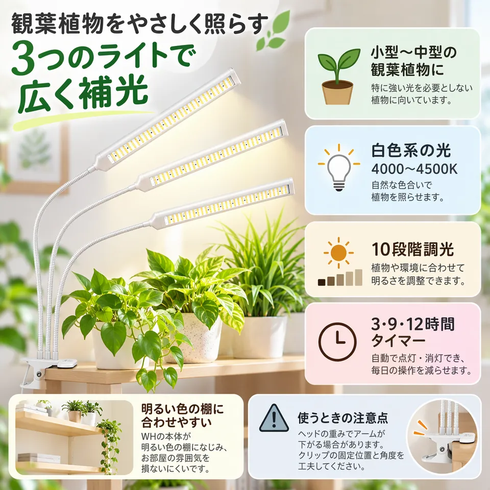 BRIM FLORA 26W 3ヘッド WH 白色系の要点：鉢に合わせて向き調整・タイマーで管理を省力化・白い本体で棚になじむ