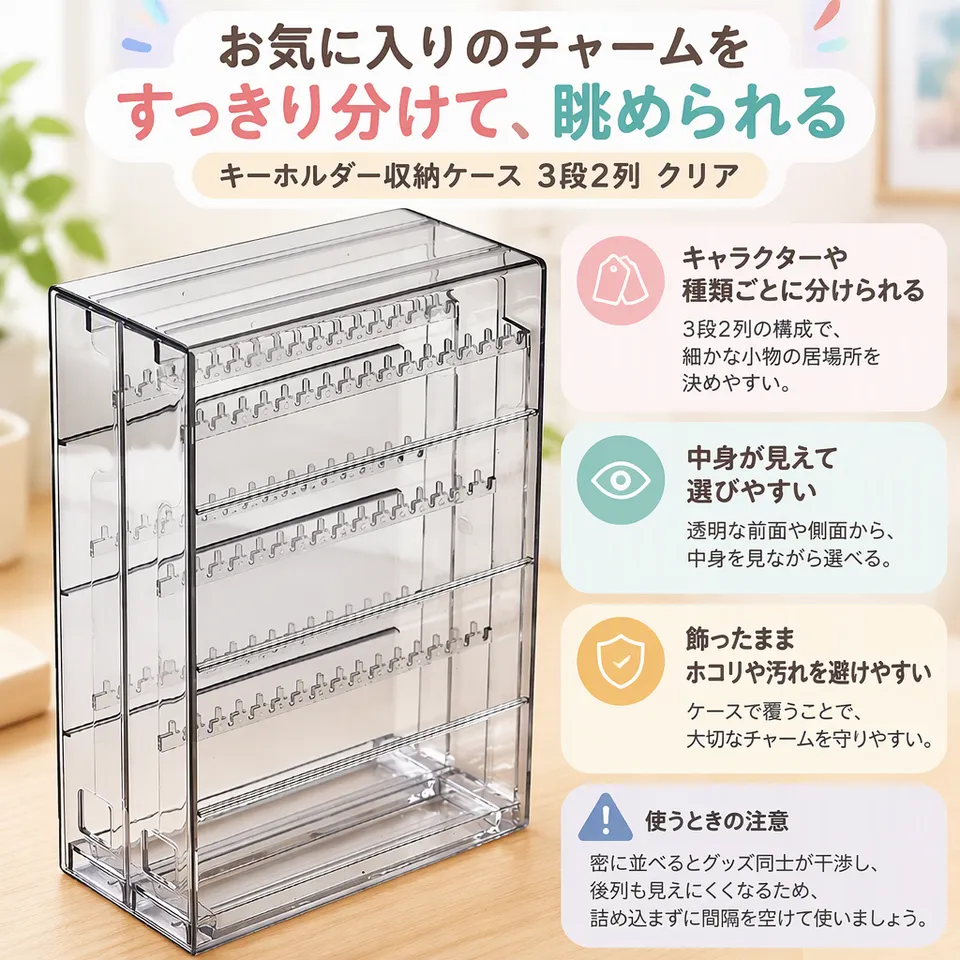キーホルダー収納ケース 3段2列 クリアの要点：段と列で分類できる・前面や側面から見える・ケースでホコリよけ
