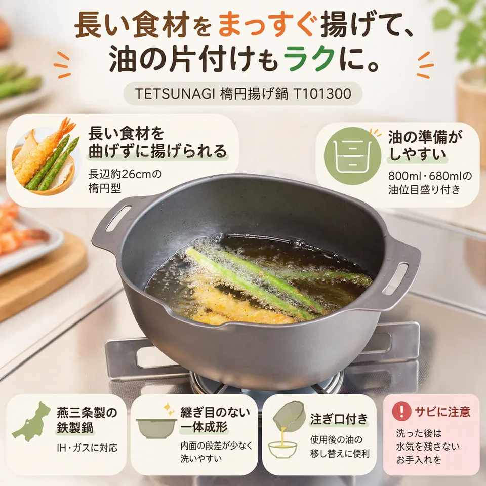 TETSUNAGI 楕円揚げ鍋 T101300の要点：長い食材に合う楕円型・油位目盛りと注ぎ口付き・一体成形で洗いやすい