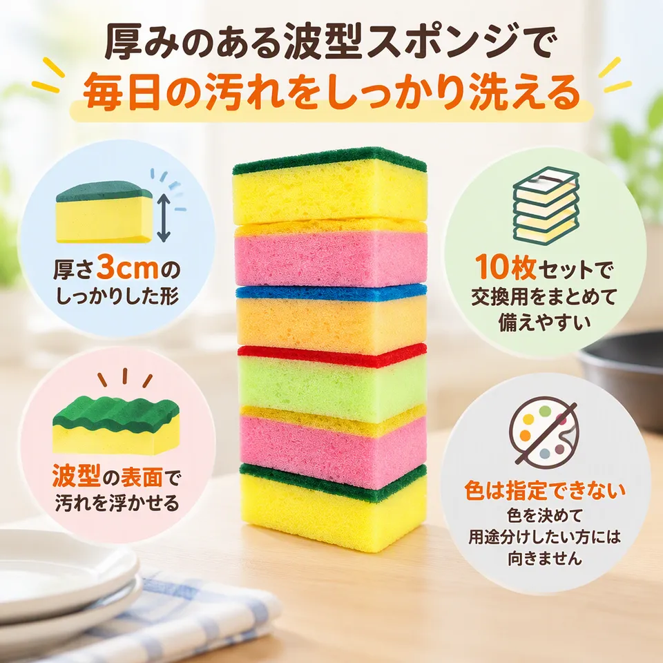 波型キッチンスポンジ 9×6×3cm 10枚の要点：厚みのある形・波状の洗浄面・交換用を備えやすい