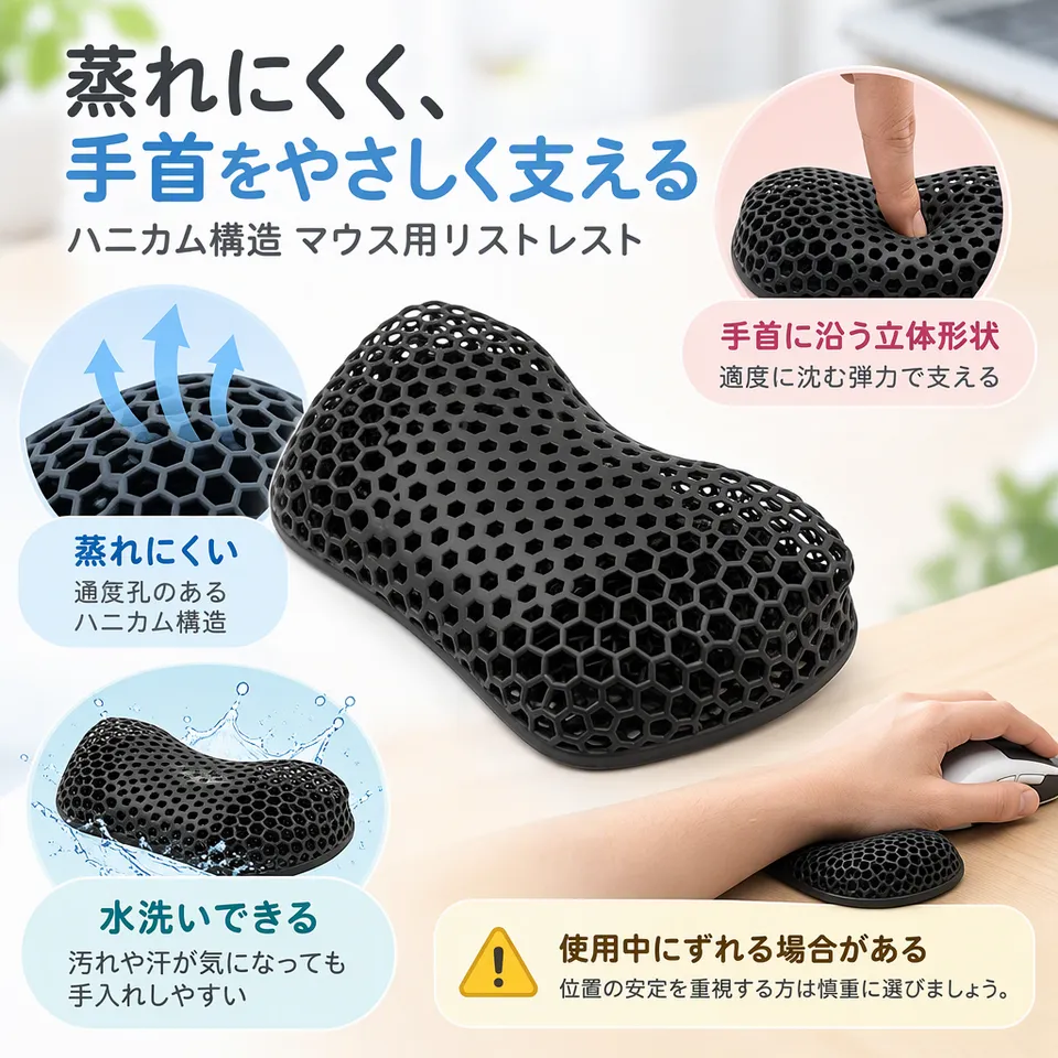 ハニカム構造 マウス用リストレスト ブラックの要点：通気孔のある構造・水洗いできる・弾力のある手首置き