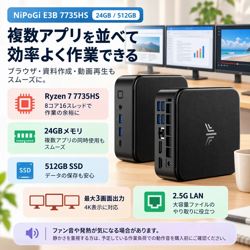 NiPoGi E3B 7735HS 24GB/512GBの要点：同時作業に余裕・高速有線LAN・保存容量を拡張可能