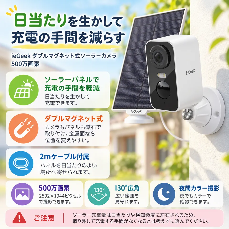 ieGeek ダブルマグネット式ソーラーカメラ 500万画素の要点：カメラもパネルも磁石式・太陽光で充電を補助・夜間もカラー撮影