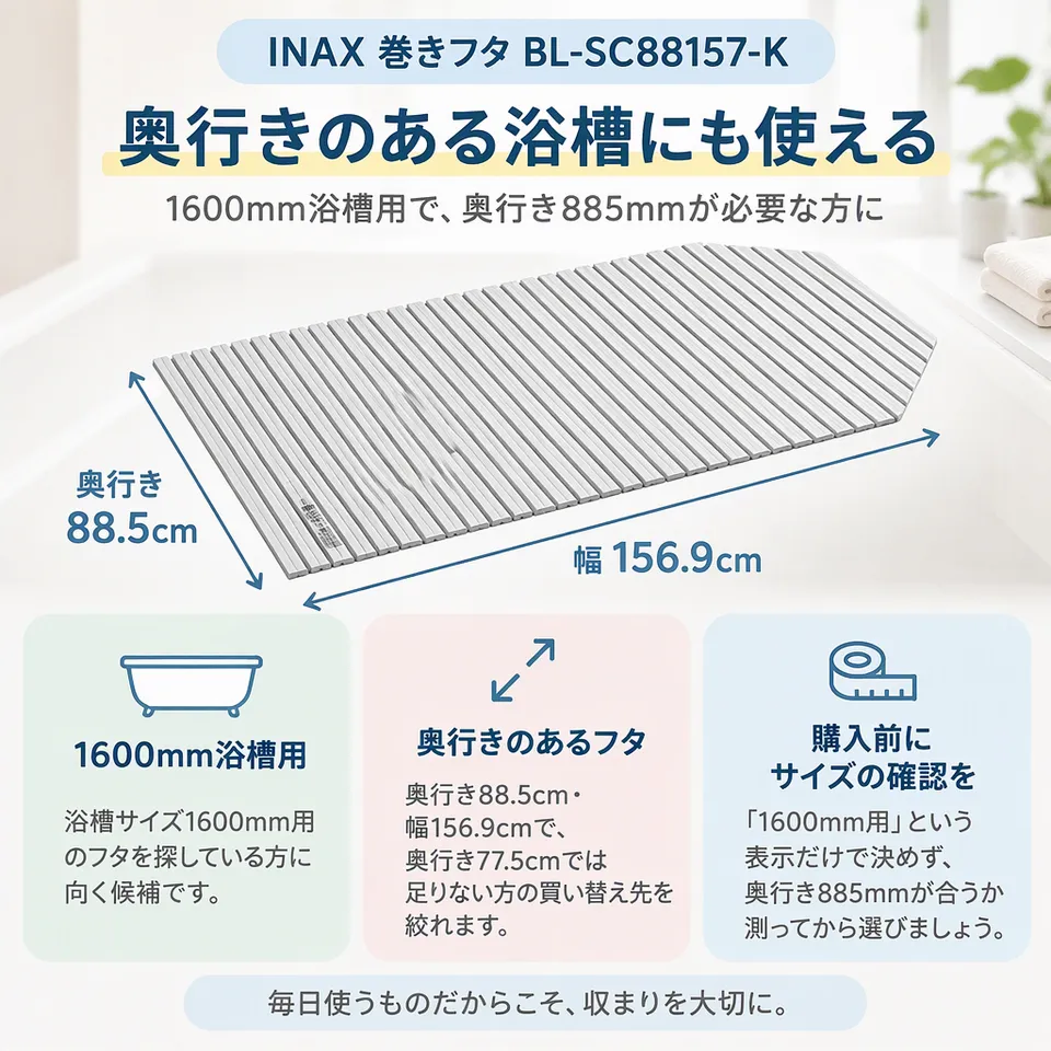 INAX 巻きフタ BL-SC88157-Kの要点：奥行きのある寸法・傷んだフタの交換に