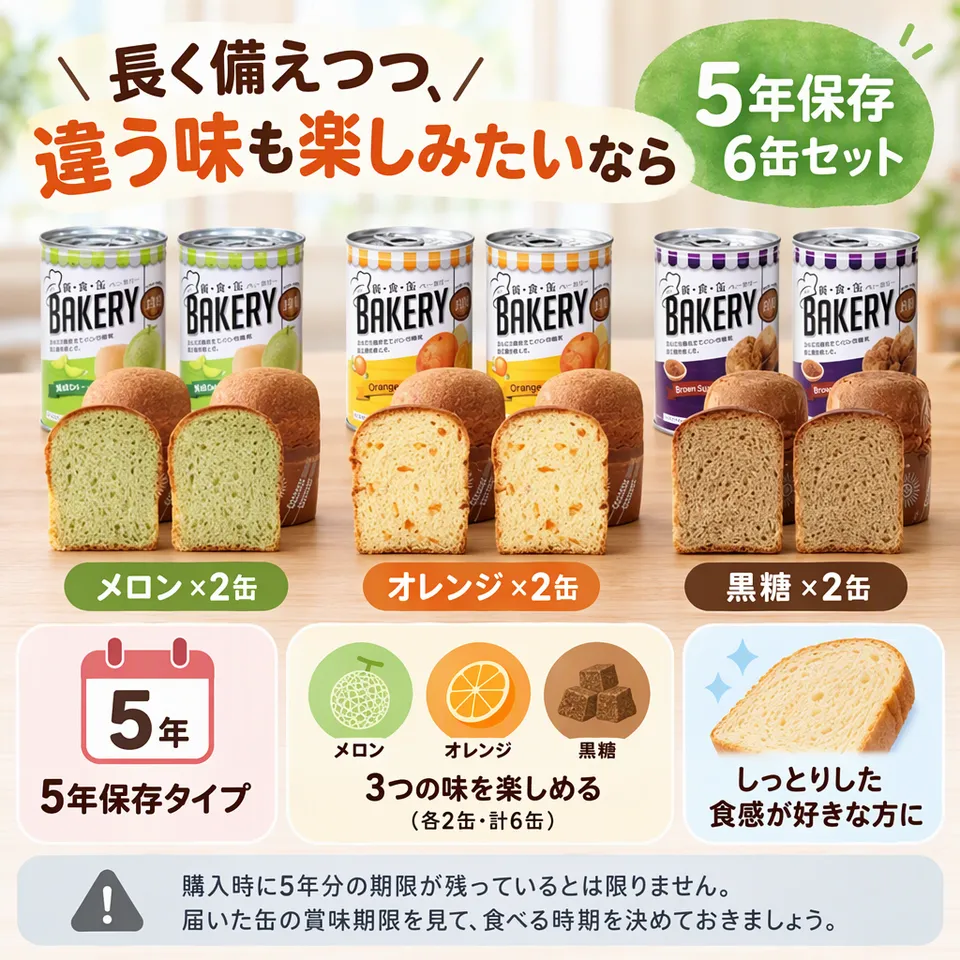 新食缶ベーカリー 5年保存 6缶セットの要点：長期保存タイプ・果実系と黒糖の味・しっとりした食感