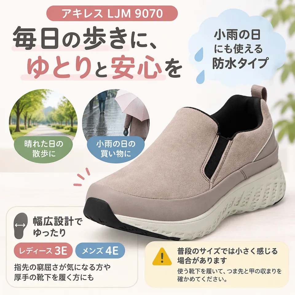アキレス LJM 9070 レディース3E・メンズ4Eの要点：幅広のサイズ展開・防水タイプ・クッション性