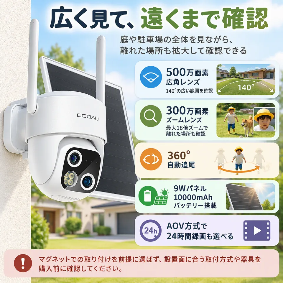COOAU デュアルレンズ 総800万画素の要点：広角と望遠を両立・動く対象を自動追尾・継続的な録画に対応