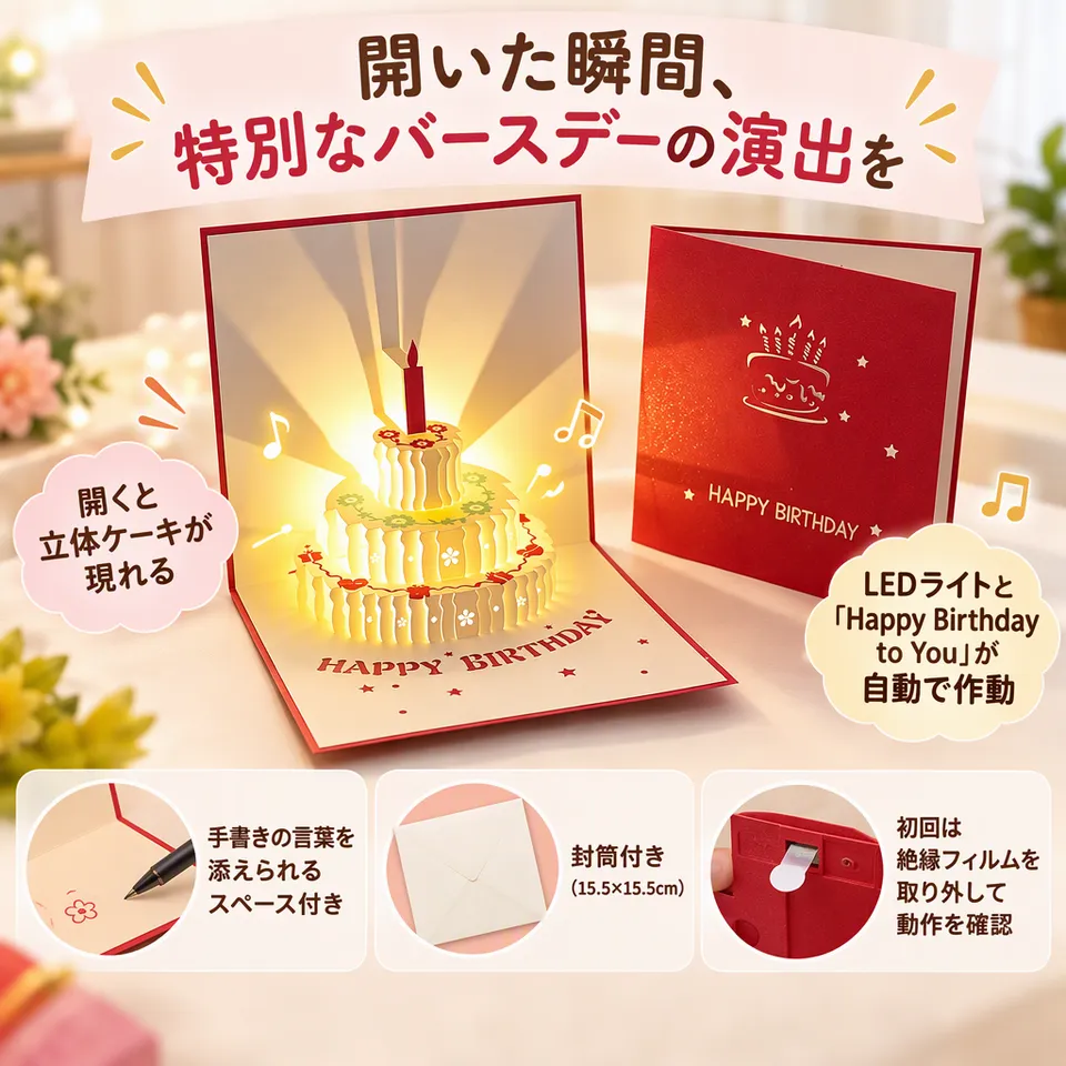 音楽・LED付き立体ケーキカード 赤の要点：開くと音楽と光・立体ケーキの演出・封筒付き