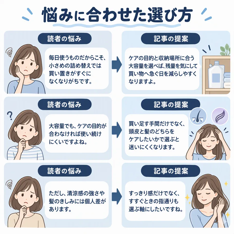 悩みと提案：毎日使うものだからこそ、小さめの詰め替えでは買い置きがすぐになくなりがちです。 → ケアの目的と収納場所に合う大容量を選べば、残量を気にして買い物へ急ぐ日を減らしやすくなりますよ。／大容量でも、ケアの目的が合わなければ使い続けにくいですよね。 → 買い足す手間だけでなく、頭皮と髪のどちらをケアしたいかで選ぶと迷いにくくなります。／ただし、清涼感の強さや髪のきしみには個人差があります。 → すっきり感だけでなく、すすぐときの指通りも選ぶ軸にしたいですね。
