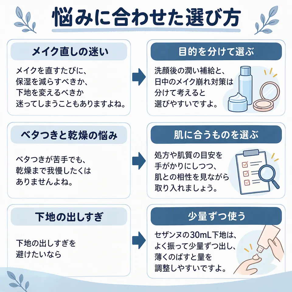 悩みと提案：メイクを直すたびに、保湿を減らすべきか、下地を変えるべきか迷ってしまうこともありますよね。 → 洗顔後の潤い補給と、日中のメイク崩れ対策は分けて考えると選びやすいですよ。／ベタつきが苦手でも、乾燥まで我慢したくはありませんよね。 → 処方や肌質の目安を手がかりにしつつ、肌との相性を見ながら取り入れましょう。／下地の出しすぎを避けたいなら → セザンヌの30mL下地は、よく振って少量ずつ出し、薄くのばすと量を調整しやすいですよ。