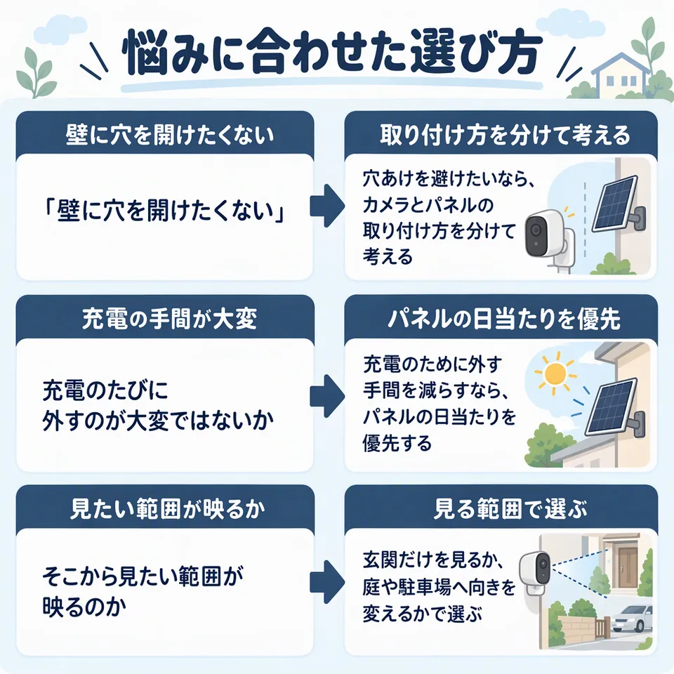 悩みと提案：「壁に穴を開けたくない」 → 穴あけを避けたいなら、カメラとパネルの取り付け方を分けて考える／充電のたびに外すのが大変ではないか → 充電のために外す手間を減らすなら、パネルの日当たりを優先する／そこから見たい範囲が映るのか → 玄関だけを見るか、庭や駐車場へ向きを変えるかで選ぶ