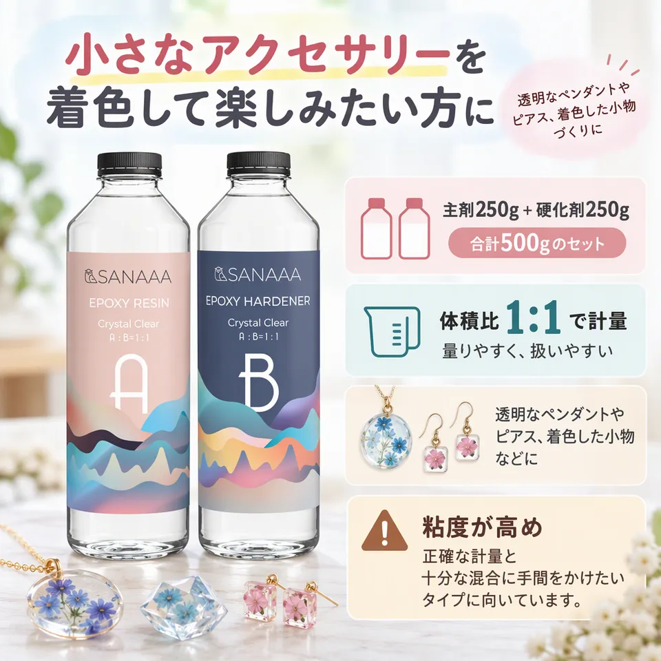 SANAAA 二液性エポキシ樹脂 500gの要点：小物制作に向く・着色を楽しめる・透明感のある仕上がり
