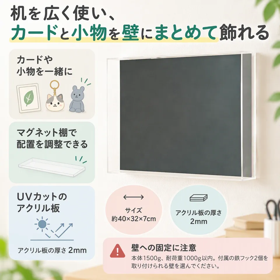 マグリル 横・浅型 背面ブラックの要点：壁を展示場所に・棚の配置を調整・小物も一緒に飾れる