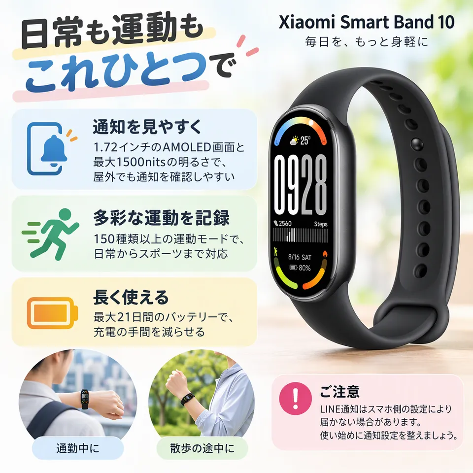 Xiaomi Smart Band 10の要点：明るい有機ＥＬ画面・幅広い運動を記録・充電の手間を軽減
