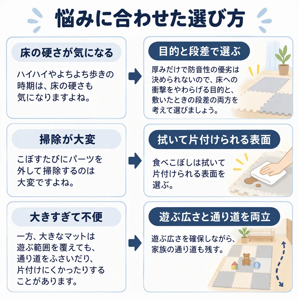 悩みと提案：ハイハイやよちよち歩きの時期は、床の硬さも気になりますよね。 → 厚みだけで防音性の優劣は決められないので、床への衝撃をやわらげる目的と、敷いたときの段差の両方を考えて選びましょう。／こぼすたびにパーツを外して掃除するのは大変ですよね。 → 食べこぼしは拭いて片付けられる表面を選ぶ／一方、大きなマットは遊ぶ範囲を覆えても、通り道をふさいだり、片付けにくかったりすることがあります。 → 遊ぶ広さを確保しながら、家族の通り道も残す