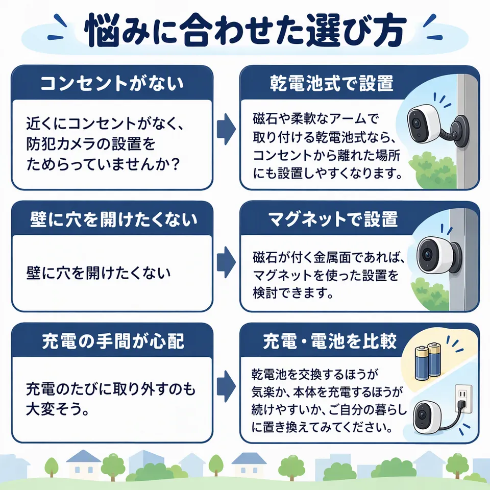 悩みと提案：近くにコンセントがなく、防犯カメラの設置をためらっていませんか？ → 磁石や柔軟なアームで取り付ける乾電池式なら、コンセントから離れた場所にも設置しやすくなります。／壁に穴を開けたくない → 磁石が付く金属面であれば、マグネットを使った設置を検討できます。／充電のたびに取り外すのも大変そう。 → 乾電池を交換するほうが気楽か、本体を充電するほうが続けやすいか、ご自分の暮らしに置き換えてみてください。