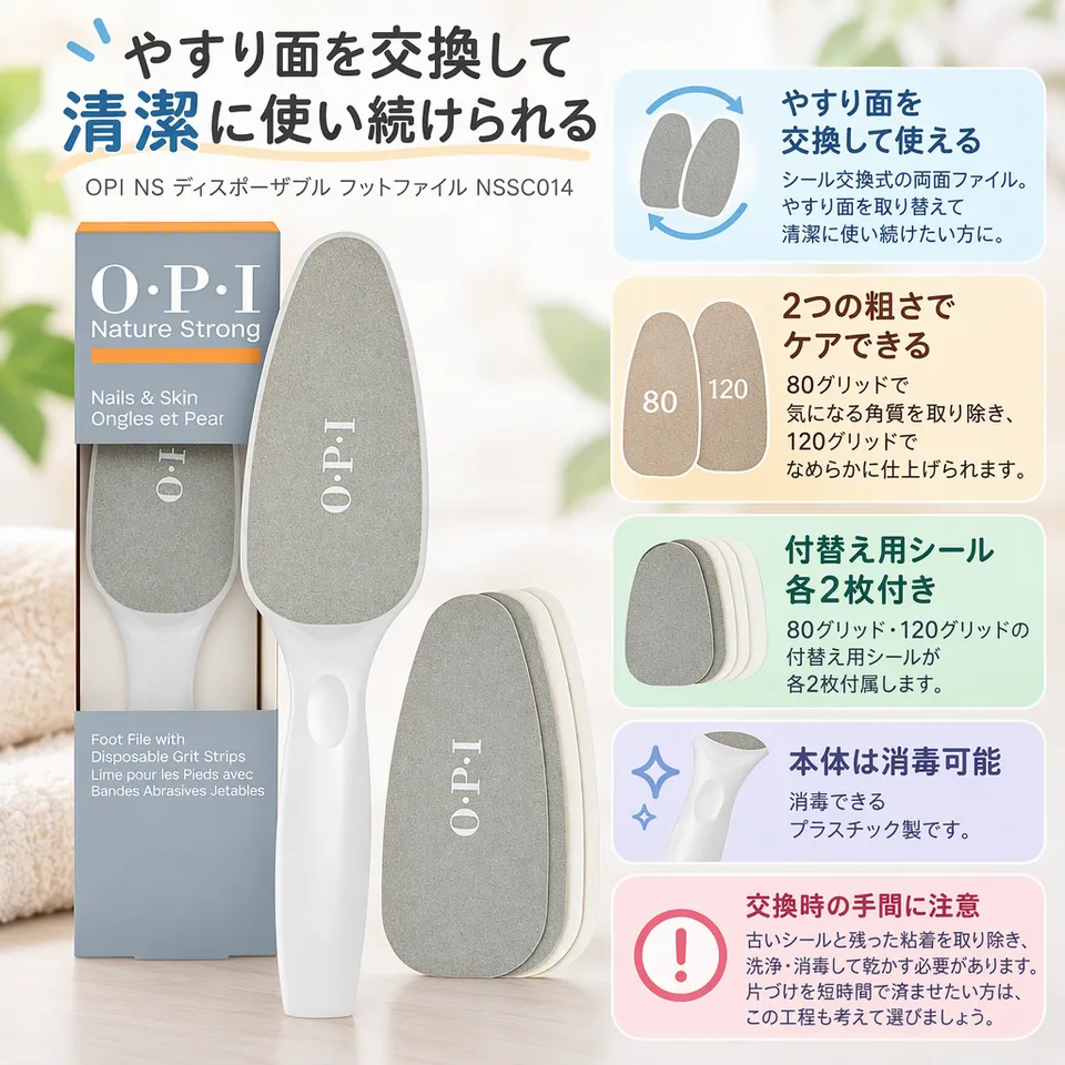 OPI NS ディスポーザブル フットファイル NSSC014の要点：やすり面を交換できる・粗さを使い分け・本体を消毒できる
