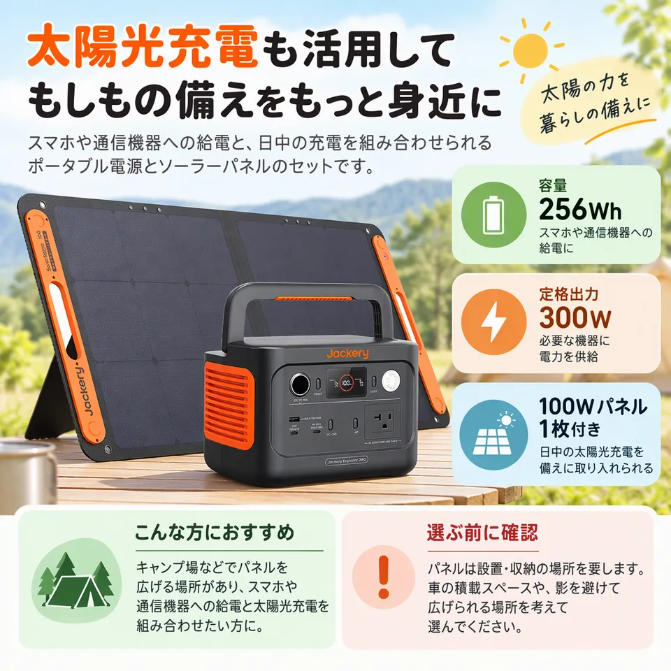 Jackery 240 New JE-240A 100Wパネルセットの要点：太陽光充電を活用・パネル付きの備え・通信機器の電源にも