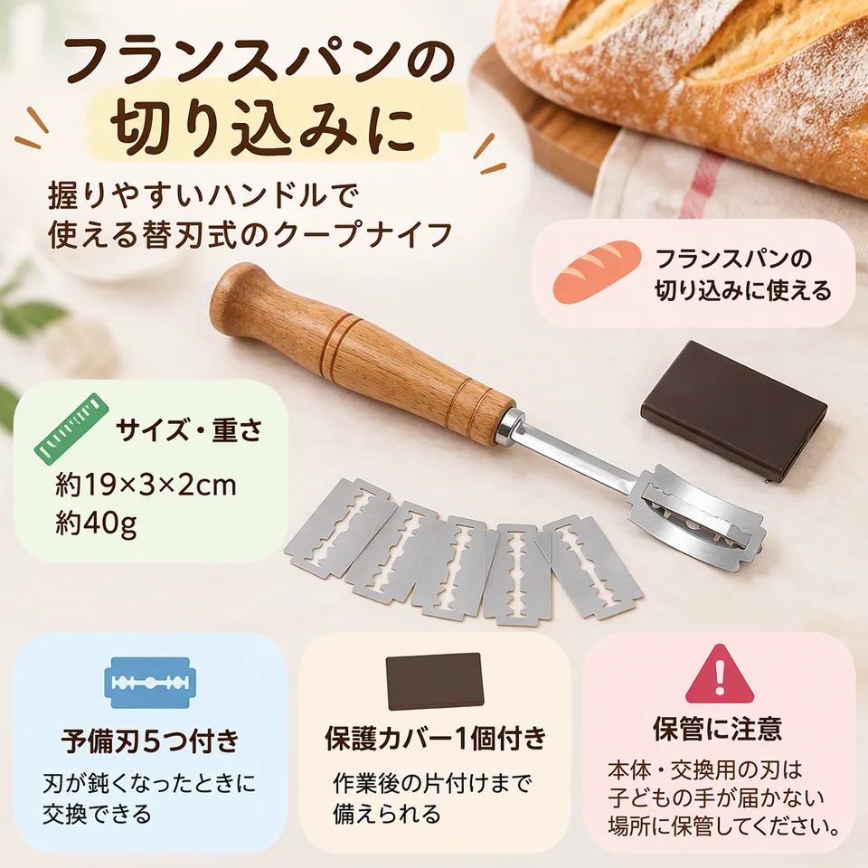 クープナイフ 約19cm カバー・予備刃5つ付きの要点：丸みのある持ち手・予備刃付き・保護カバー付き