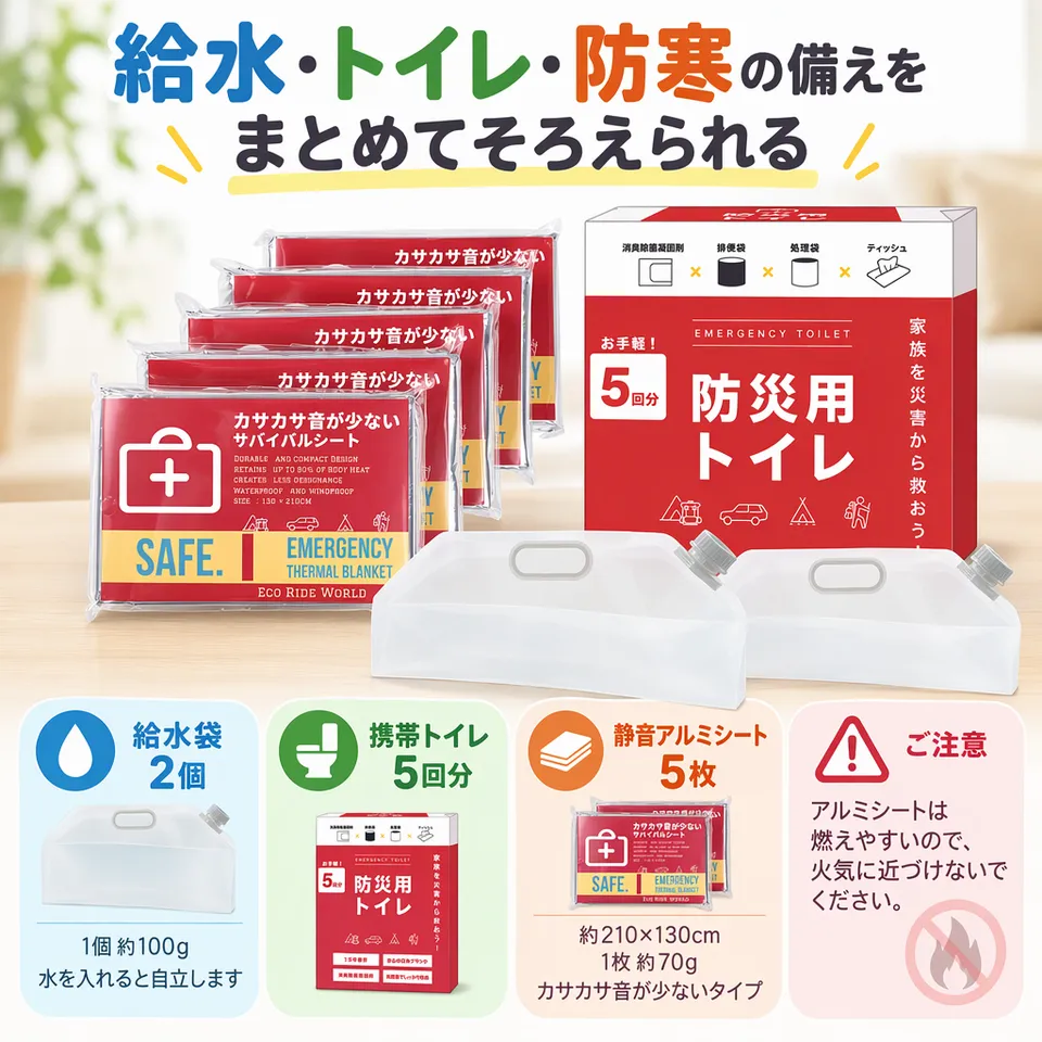 防災セット Aセット emergency-010-01の要点：給水とトイレに備える・静音の防寒シート付き・給水袋は水を入れると自立