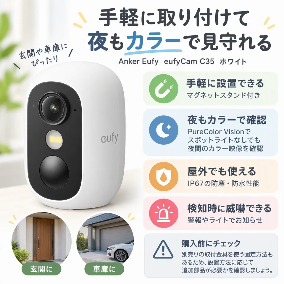 Anker Eufy eufyCam C35 ホワイトの要点：磁石で取り付け・ライトなし夜間カラー・警報とライトで威嚇