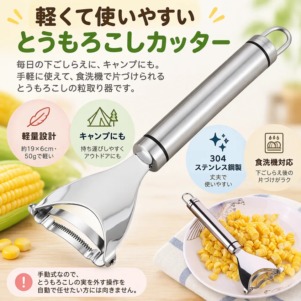 MAEXUS とうもろこしカッターの要点：軽く持ち運びやすい・握りやすいハンドル・食洗機対応