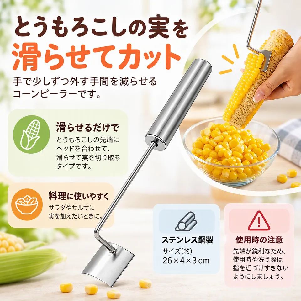 Coollooda コーンピーラー 26cmの要点：滑らせて実を取れる・ステンレス鋼製・先端の扱いに注意