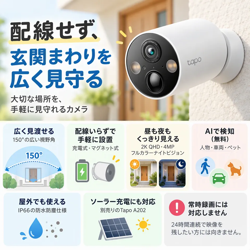 TP-Link Tapo C425の要点：広角で玄関を見守る・無料の対象別検知・ソーラー追加対応