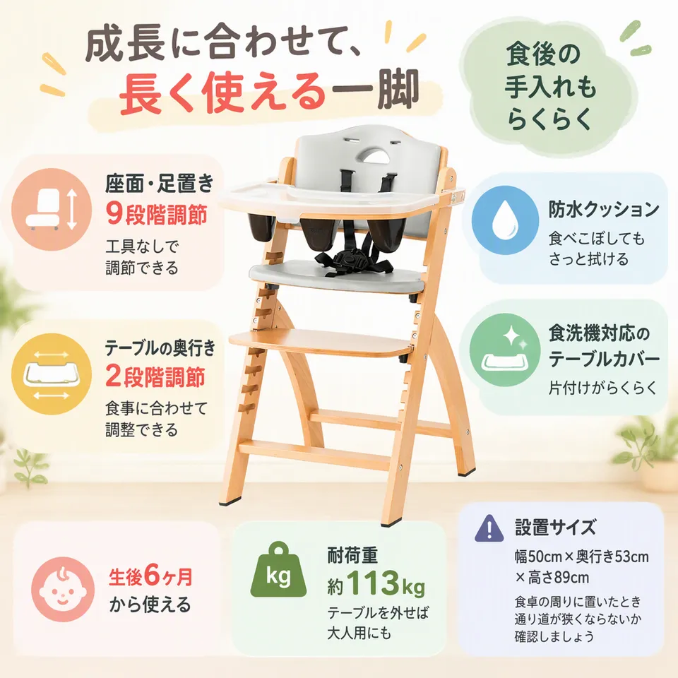 ビヨンドジュニア ナチュラル・グレーの要点：工具なしで高さ調節・カバーは食洗機対応・大人用にも使える