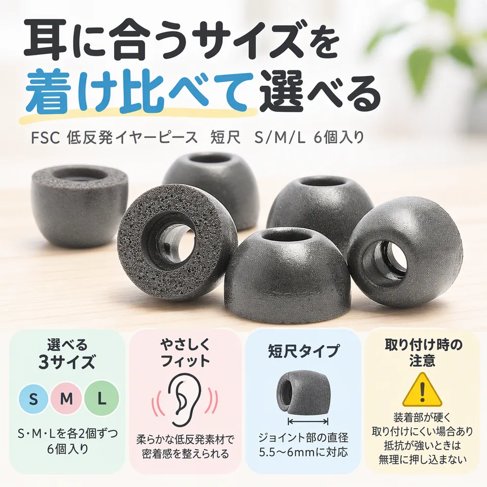 FSC 低反発イヤーピース 短尺 S/M/L 6個入りの要点：サイズを着け比べ・短尺タイプ・柔らかなフィット感