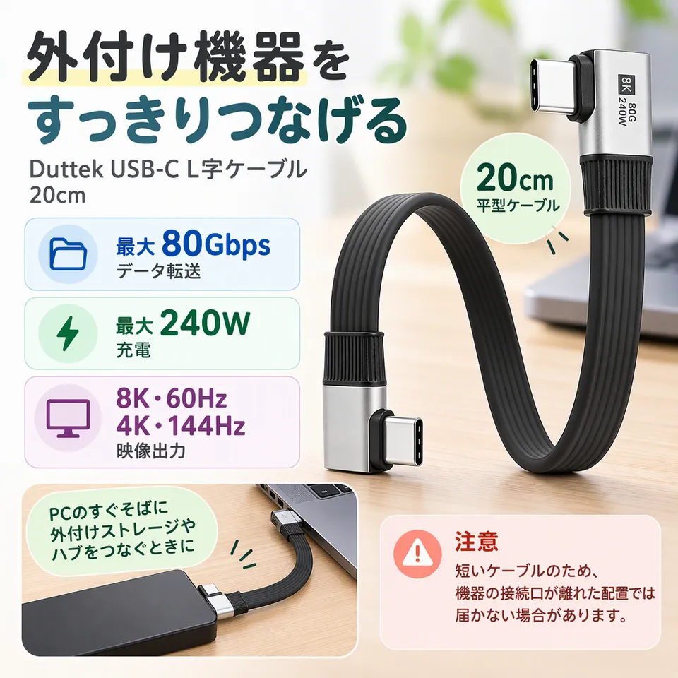 Duttek USB-C L字 20cm 240W 80Gbpsの要点：平型で配線を整理・高速データ転送に対応・映像出力にも対応