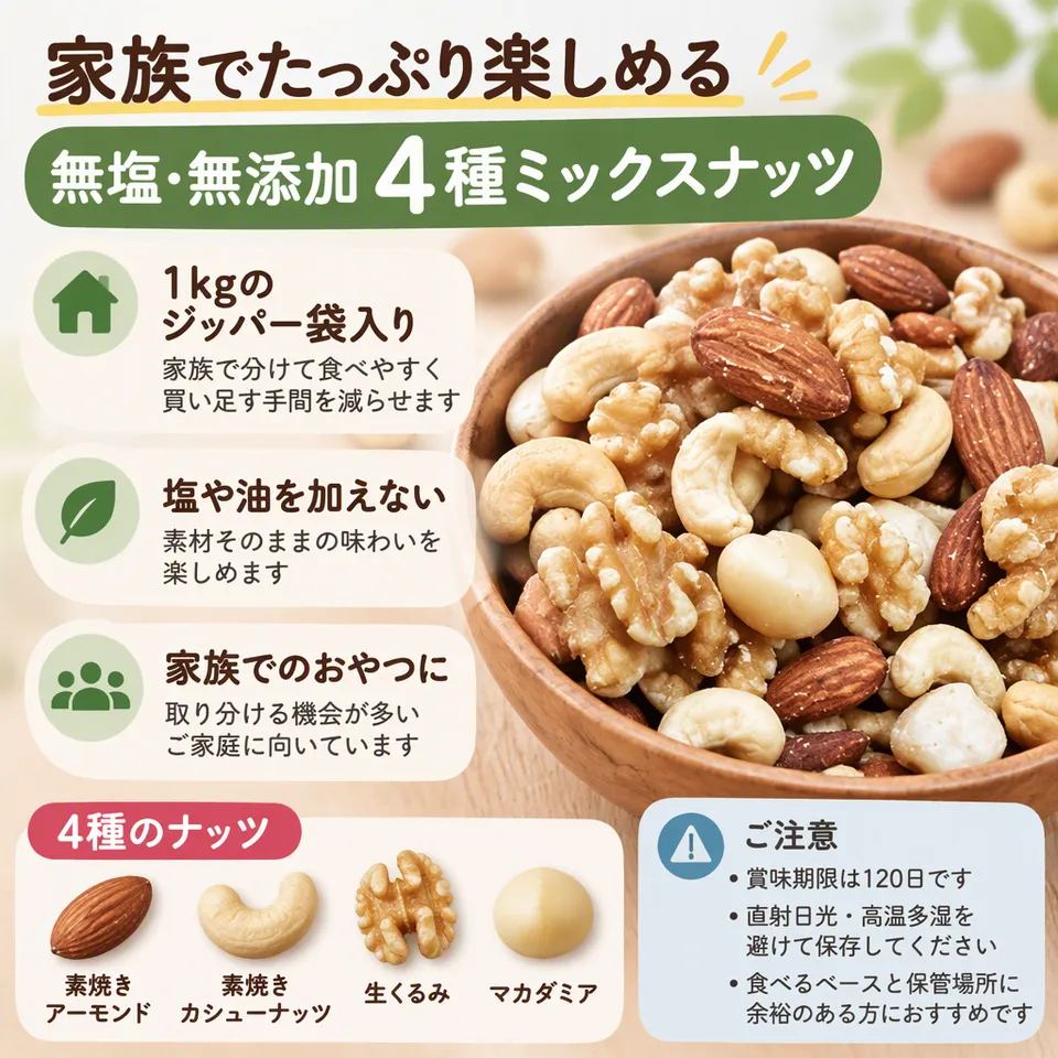 無塩・無添加 4種ミックスナッツ 1kgの要点：家族で分けやすい・ジッパー袋入り・塩と油を不使用