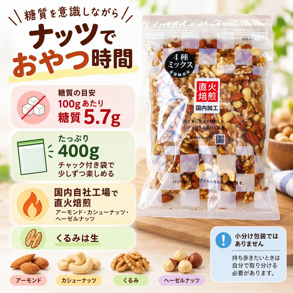 低糖質ミックスナッツ 無塩 400gの要点：ヘーゼルナッツ入り・糖質量が選ぶ目安に・チャック付き袋