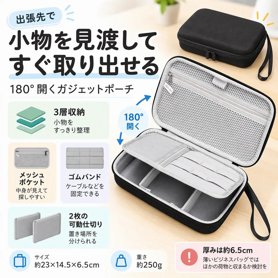 Teskyer EVAガジェットポーチ M ブラックの要点：大きく開いて見やすい・可動仕切りで整理・撥水性のある外装