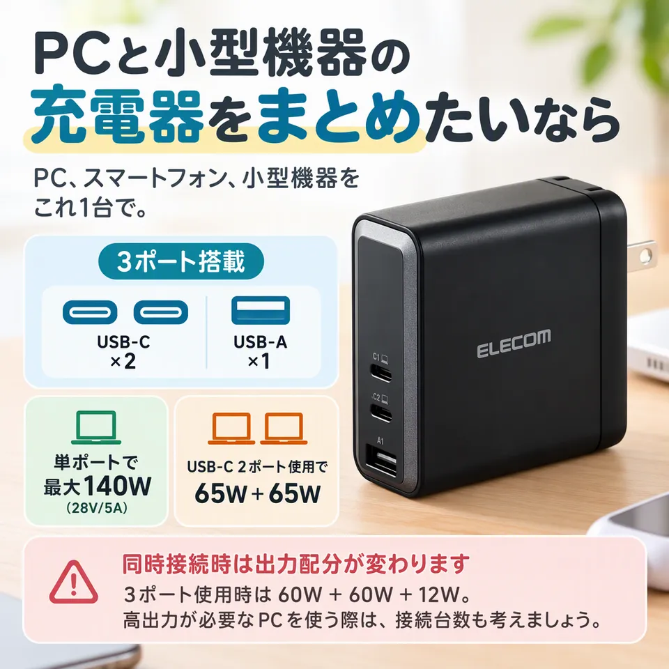 エレコム USB充電器 EC-AC96140BK ブラックの要点：複数機器を同時充電・パソコン給電に対応・端子の種類を使い分け
