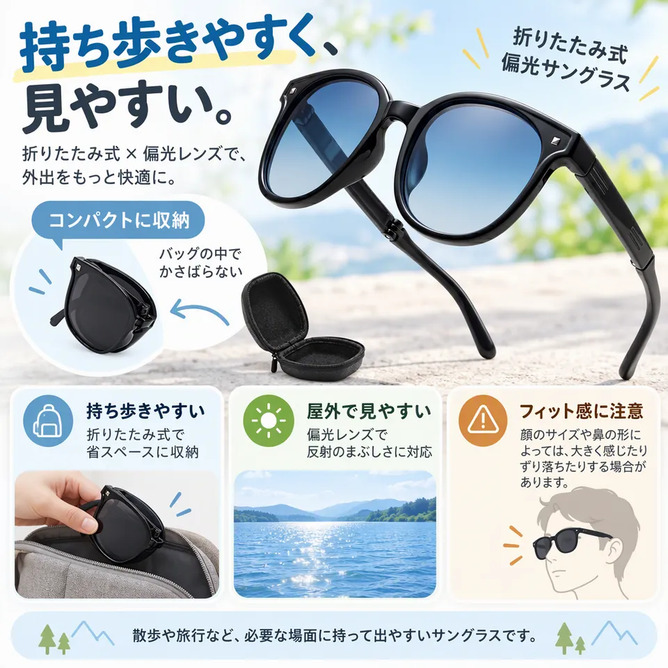 Yuriki 折りたたみ式偏光サングラス メンズの要点：折りたたみ収納・持ち歩きやすい・偏光レンズ