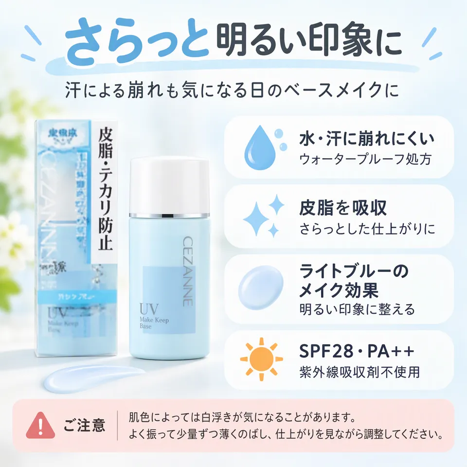 セザンヌ 皮脂テカリ防止下地 ライトブルー 30mLの要点：水・汗に崩れにくい・さらっとした仕上がり・紫外線吸収剤不使用