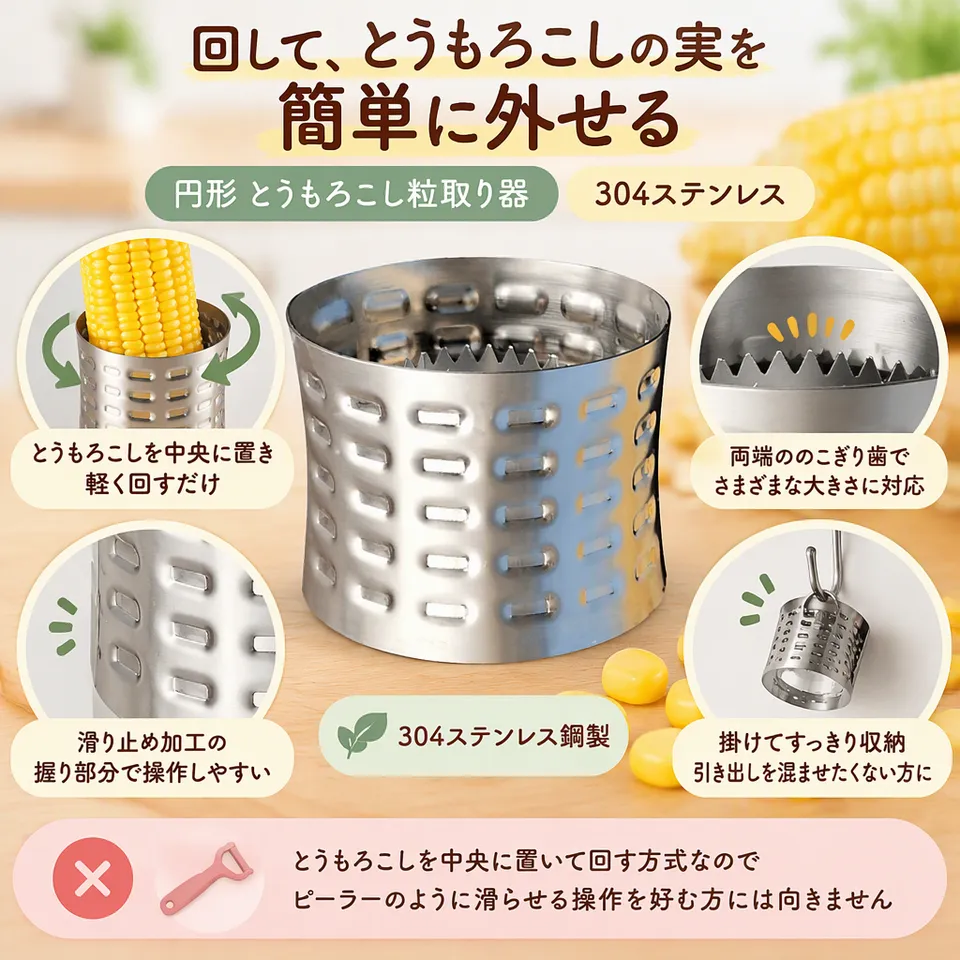 円形とうもろこし粒取り器 304ステンレスの要点：回転させて実を外す・滑り止め付きグリップ・掛けて収納できる