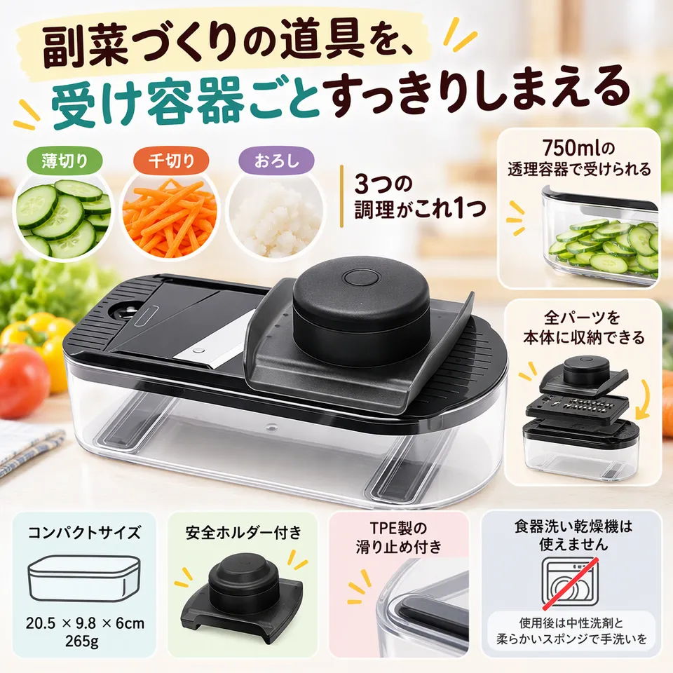 AosTavola 収納一体型野菜スライサーの要点：パーツをまとめて収納・透明の受け容器付き・ホルダーと滑り止め付き