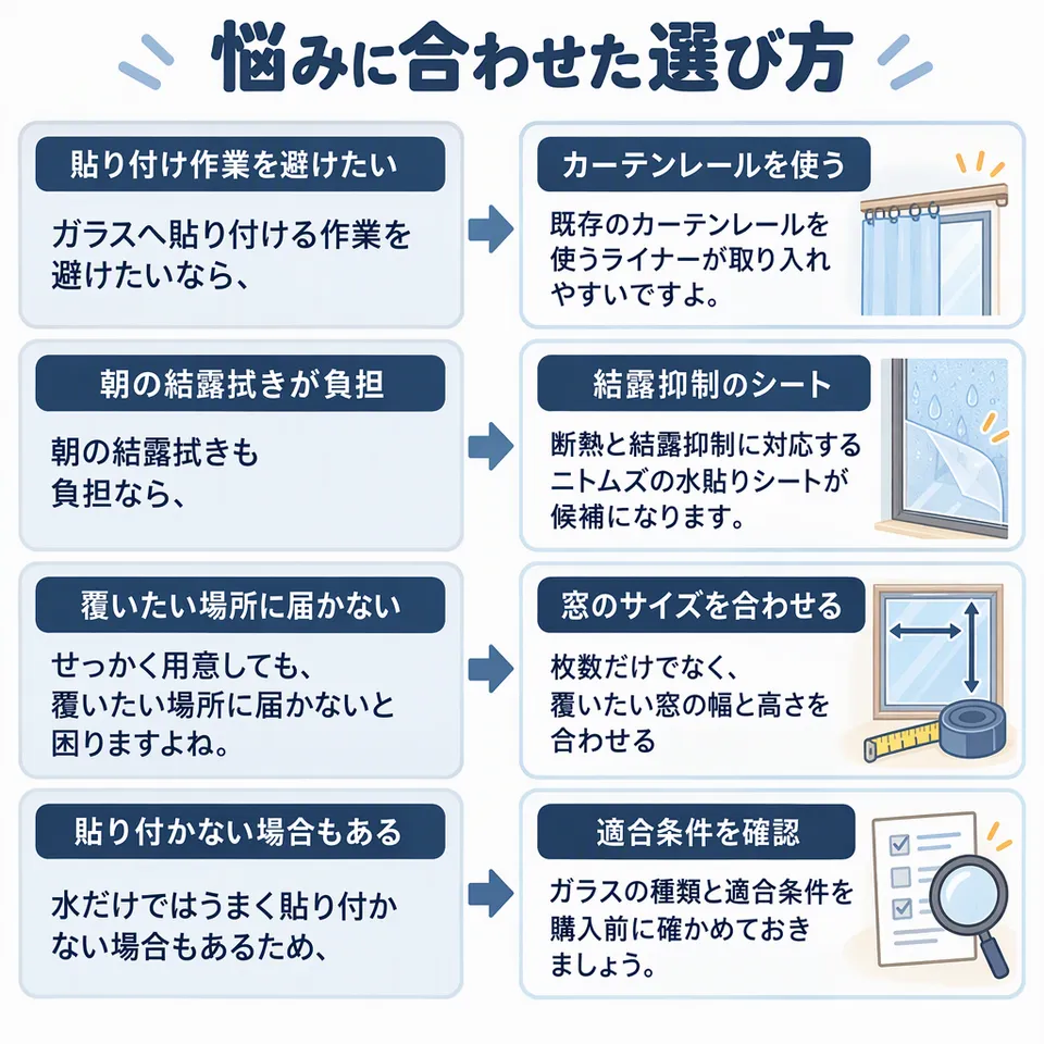 悩みと提案：ガラスへ貼り付ける作業を避けたいなら、 → 既存のカーテンレールを使うライナーが取り入れやすいですよ。／朝の結露拭きも負担なら、 → 断熱と結露抑制に対応するニトムズの水貼りシートが候補になります。／せっかく用意しても、覆いたい場所に届かないと困りますよね。 → 枚数だけでなく、覆いたい窓の幅と高さを合わせる／水だけではうまく貼り付かない場合もあるため、 → ガラスの種類と適合条件を購入前に確かめておきましょう。