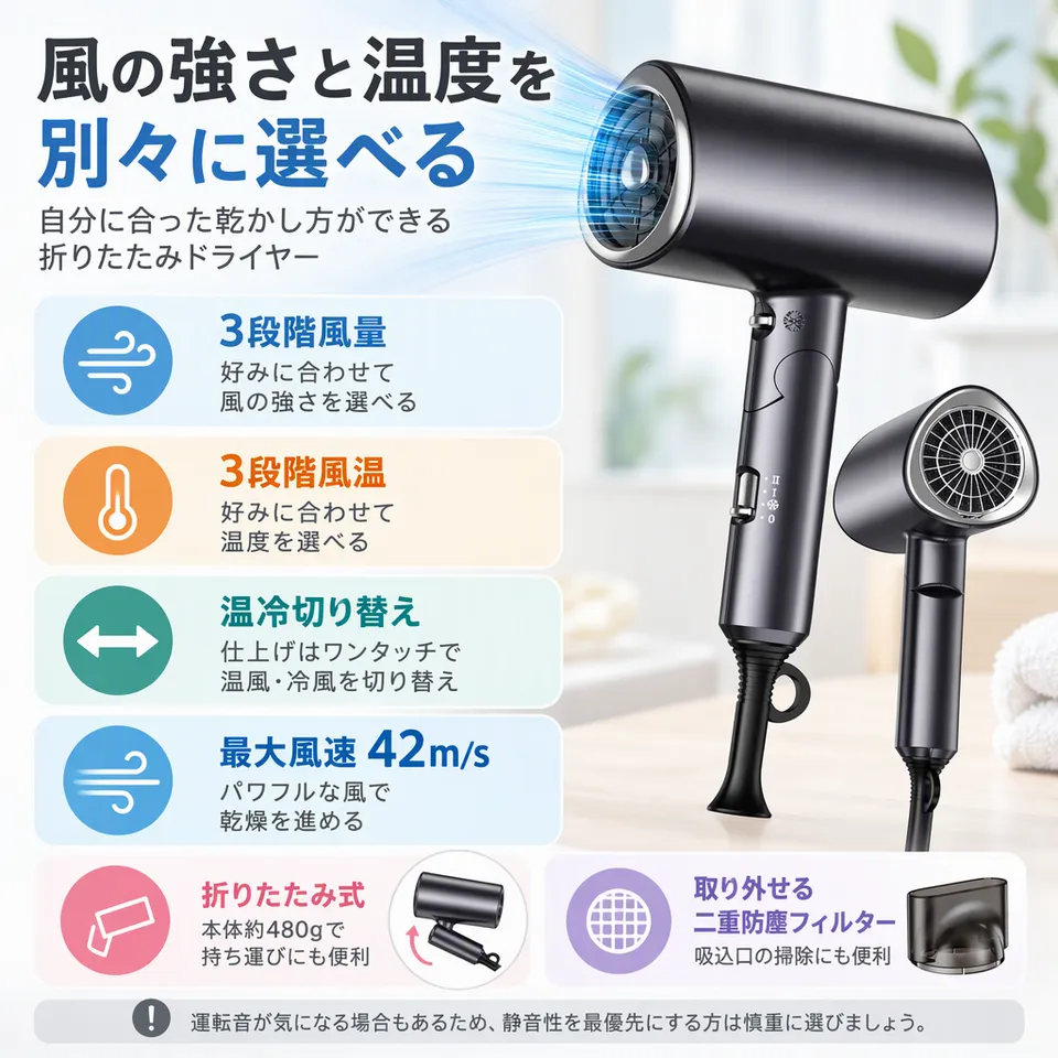 折りたたみドライヤー 3段階風量・風温の要点：風量と風温を選べる・温冷をワンタッチ切替・外せる防塵フィルター