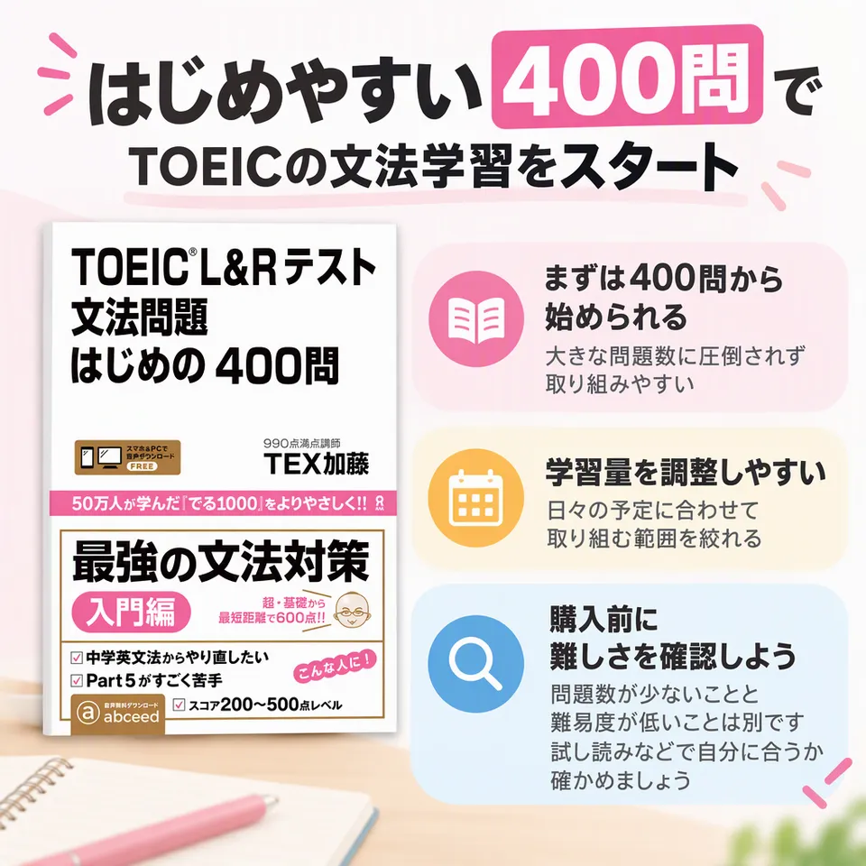 TOEIC L&R テスト 文法問題 はじめの400問の要点：問題数を絞って選ぶ・文法学習の候補
