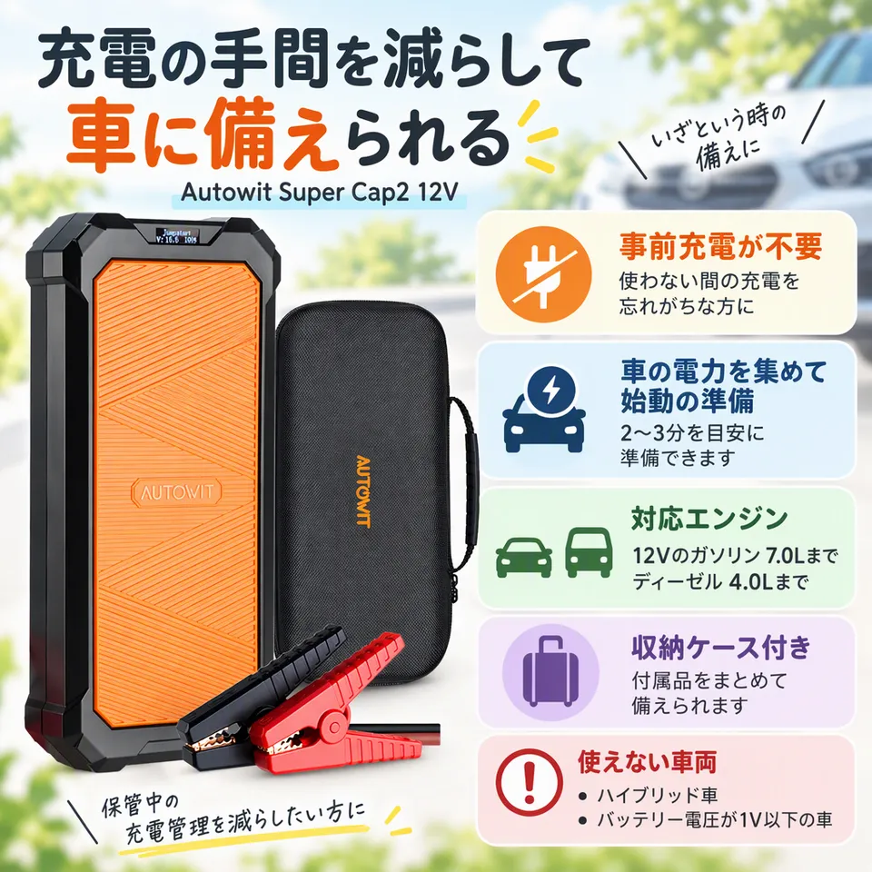 Autowit Super Cap2 12Vの要点：事前充電が不要・バッテリーレス設計・収納ケース付き
