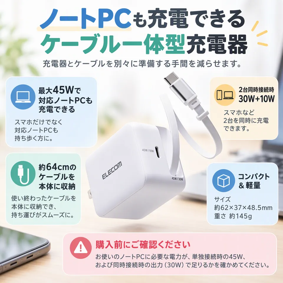 エレコム 45W EC-AC12945WH ホワイトの要点：巻き取り式ケーブル・対応ノートPCにも・追加ポート付き