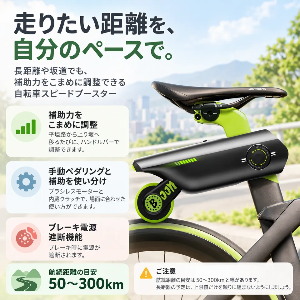自転車スピードブースター 航続目安50〜300kmの要点：手元で補助力を調整・ブレーキ連動の電源遮断・手動走行と切り替え