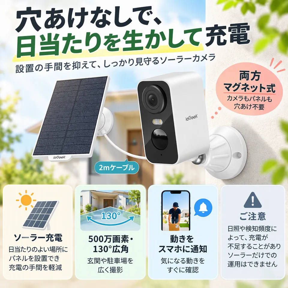 ieGeek ダブルマグネット式ソーラーカメラ 500万画素の要点：カメラもパネルも磁石式・太陽光で充電を補助・検知通知と夜間カラー