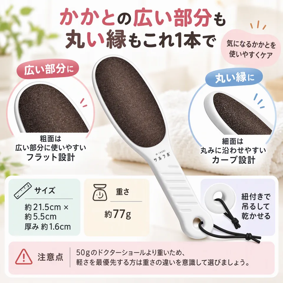 ツルラボ かかとやすり ホワイトの要点：平面とカーブを使い分け・厚みのある持ち手・紐で吊るせる
