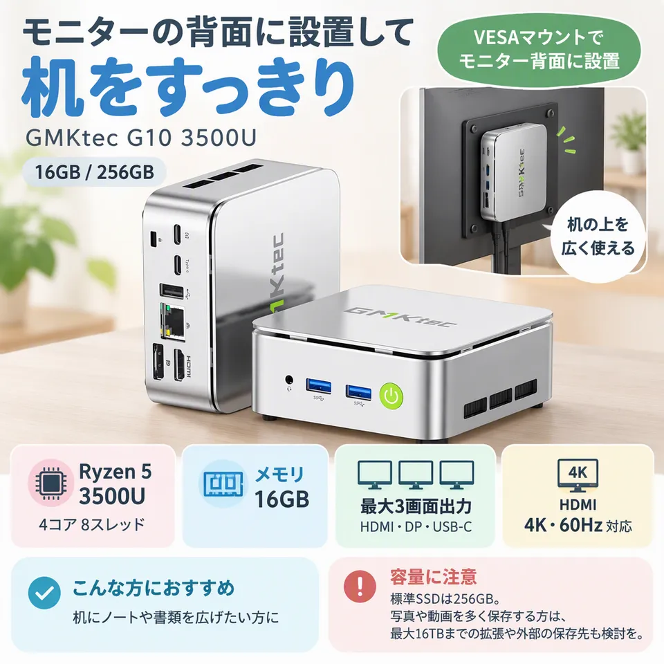 GMKtec G10 3500U 16GB/256GBの要点：モニター背面に設置・豊富な接続端子・保存容量を拡張可能